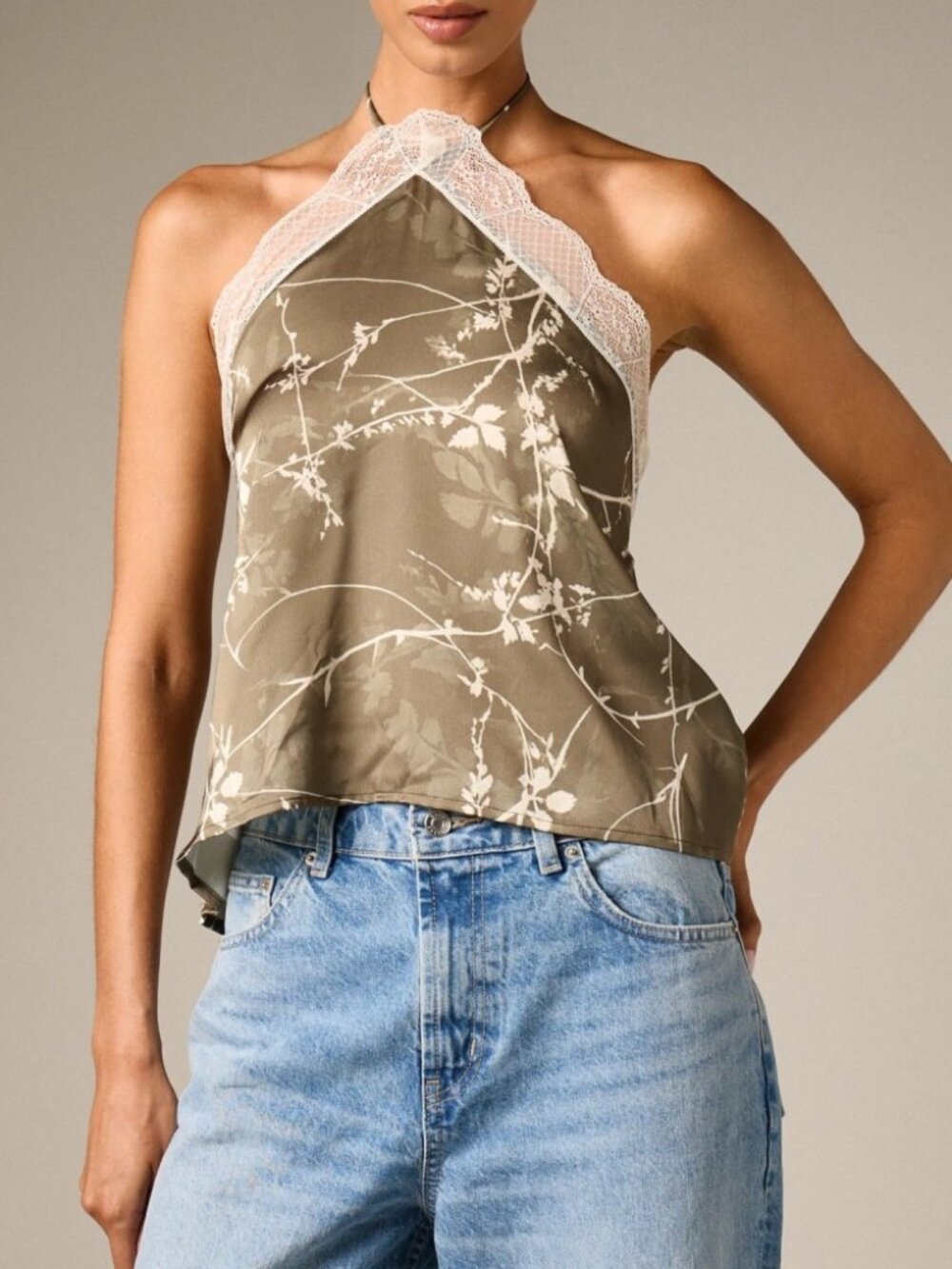 Brown Floral Print Halter Top with Lace Trim Neckline